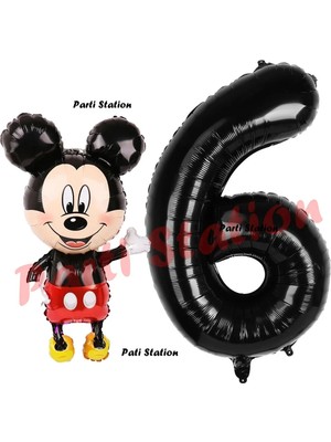 Parti Station Mickey Mouse Balon 6 Yaş Doğum Günü Set Mickey Mouse Konsept Balon ve Siyah Rakam Balon