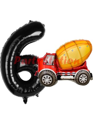 Parti Station Inşaat Mikser Kamyonu Balon 6 Yaş Doğum Günü Balon Set Iş Makinaları Konsept ve Siyah Rakam Balon