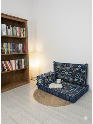 Bakırözü Home Şark Köşesi Takımı , 95 cm Yer Minderi Takımı Anadolu Mavi Modeli (3 Parça)