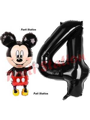 Parti Station Mickey Mouse Balon 4 Yaş Doğum Günü Set Mickey Mouse Konsept Balon ve Siyah Rakam Balon