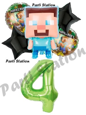 Parti Station Minecraft Balon 4 Yaş Doğum Günü Set Minecraft Konsept Yıldız Balon ve Yeşil Rakam Balon