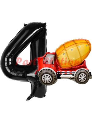 Parti Station Inşaat Mikser Kamyonu Balon 4 Yaş Doğum Günü Balon Set Iş Makinaları Konsept ve Siyah Rakam Balon