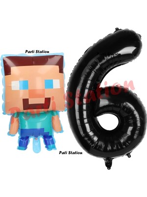 Parti Station Minecraft Balon 6 Yaş Doğum Günü Set Minecraft Konsept Balon ve Siyah Rakam Balon