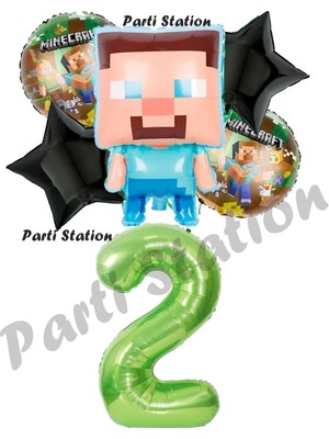 Parti Station Minecraft Balon 2 Yaş Doğum Günü Set Minecraft Konsept Yıldız Balon ve Yeşil Rakam Balon