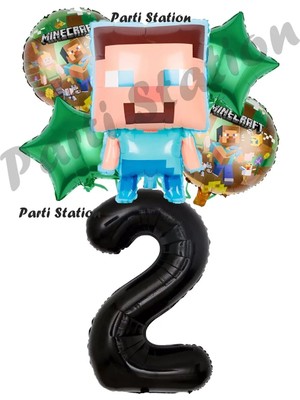 Parti Station Minecraft Balon 2 Yaş Doğum Günü Set Minecraft Konsept Yıldız Balon ve Siyah Rakam Balon