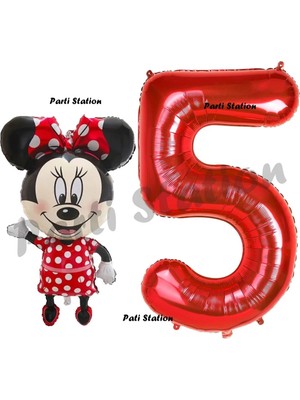Parti Station Minnie Mouse 5 Yaş Doğum Günü Set Minnie Mouse Konsept Balon ve Kırmızı Rakam Balon Set