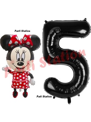 Parti Station Minnie Mouse 1 Yaş Doğum Günü Set Minnie Mouse Konsept Balon ve Siyah Rakam Balon Set