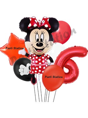 Parti Station Minnie Mouse 6 Yaş Doğum Günü Set Minnie Mouse Konsept Balon ve Kırmızı Rakam Balon