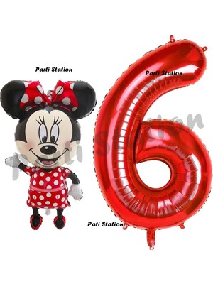 Parti Station Minnie Mouse 6 Yaş Doğum Günü Set Minnie Mouse Konsept Balon ve Kırmızı Rakam Balon Set