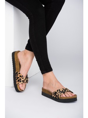 Kadınlar İçin Fox Shoes Leopar Terlik Suni Deri Malzeme ile Günlük Kullanımda Konfor