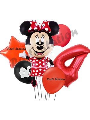 Parti Station Minnie Mouse 4 Yaş Doğum Günü Set Minnie Mouse Konsept Balon ve Kırmızı Rakam Balon
