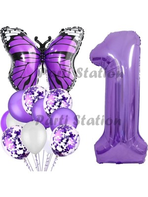 Parti Station Mor Kelebek Konsept 1 Yaş Balon Set Butterfly Kelebek Mor Rakam Balon Parti Doğum Günü Balon Set