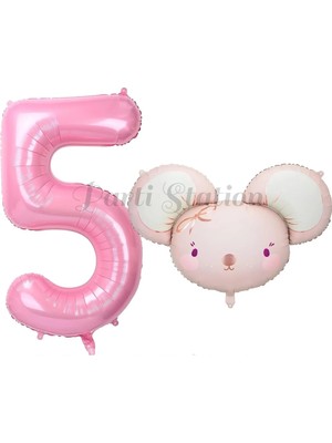Parti Station Pink Mouse 1 Yaş Balon Set Sevimli Pembe Fare Konsept Balon ve Pembe Rakam Balon Hamster Balon