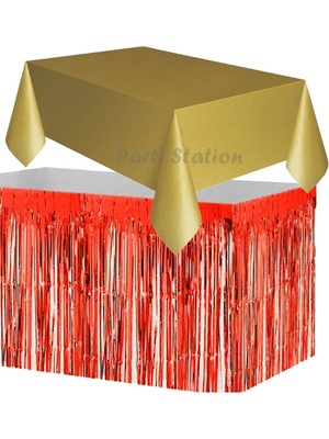 Parti Station Masa Örtüsü ve Eteği Plastik Altın Gold Renk Masa Örtüsü Kırmızı Renk Metalize Sarkıt Masa Eteği Set