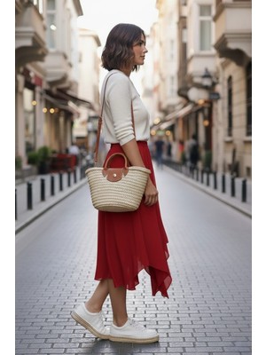 Minusa Design Asimetrik  Beli Lastikli Muz Krep Çift Katlı Rahat Kalıp Kadın Etek