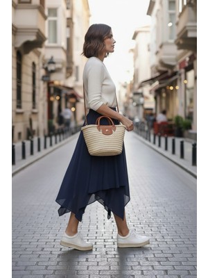 Minusa Design Asimetrik  Beli Lastikli Muz Krep Çift Katlı Rahat Kalıp Kadın Etek