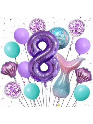 Parti Station Mor Renk Deniz Kızı Konsept 8 Yaş Rakam Balon Set Deniz Kızı Temalı Doğum Günü Parti Seti