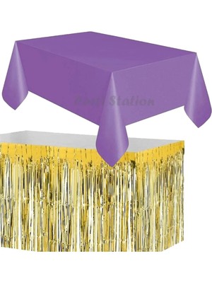 Parti Station Masa Örtüsü ve Eteği Set Plastik Mor Renk Masa Örtüsü Altın Gold Renk Metalize Sarkıt Masa Eteği Set