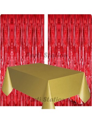 Parti Station 2 Adet Kırmızı Renk Metalize Arka Fon Perdesi ve 1 Adet Plastik Gold Altın Renk Masa Örtüsü Set