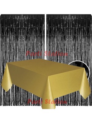 Parti Station 2 Adet Siyah Renk Metalize Arka Fon Perdesi ve 1 Adet Plastik Gold Altın Renk Masa Örtüsü Set