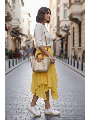 Minusa Design Asimetrik  Beli Lastikli Muz Krep Çift Katlı Rahat Kalıp Kadın Etek