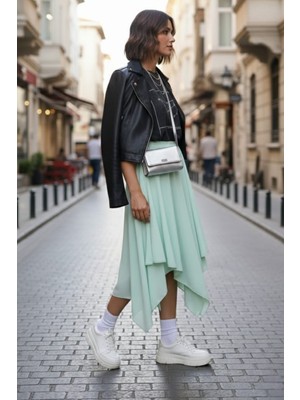 Minusa Design Asimetrik  Beli Lastikli Muz Krep Çift Katlı Rahat Kalıp Kadın Etek