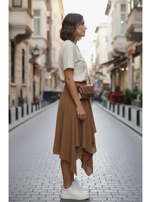 Minusa Design Asimetrik  Beli Lastikli Muz Krep Çift Katlı Rahat Kalıp Kadın Etek