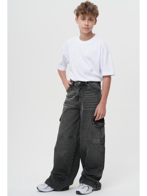 Haykids Erkek Çocuk Eskitme Kargo Cepli Kot Pantolon - Geniş Paça ve Bol Kesim