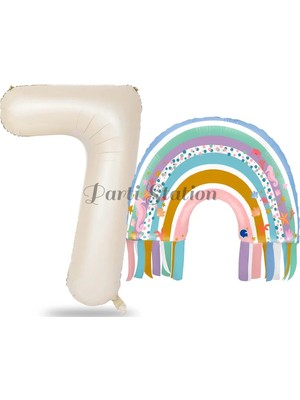 Parti Station Gökkuşağı 7 Yaş Balon Set Mermaid Rainbow Konsept Balon ve Krem Rakam Balon