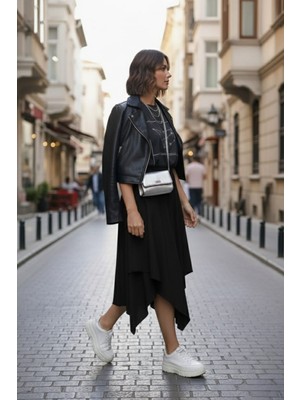 Minusa Design Asimetrik  Beli Lastikli Muz Krep Çift Katlı Rahat Kalıp Kadın Etek