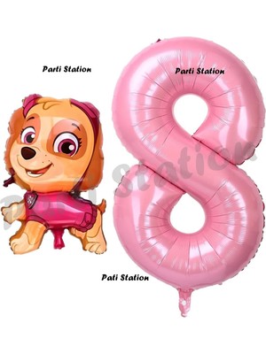 Parti Station Paw Patrol Skye 8 Yaş Balon ve Pembe Rakam Balon Doğum Günü Parti Set