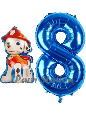 Parti Station Paw Patrol Itfaiye Köpek Marshall 8 Yaş Balon ve Lacivert Rakam Balon Doğum Günü Set