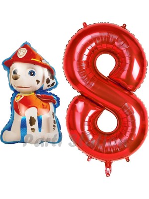 Parti Station Paw Patrol Itfaiye Köpek Marshall 8 Yaş Balon ve Kırmızı Rakam Balon Doğum Günü Set