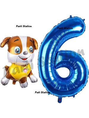 Parti Station Paw Patrol Inşaat Köpek Rubble 6 Yaş Balon ve Lacivert Rakam Balon Doğum Günü Parti Set