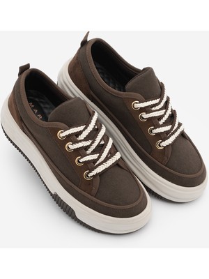 Marjin Kadın Yüksek Kalın Taban Sneaker Bağcıklı Spor Ayakkabı Hesna Kahve Keten