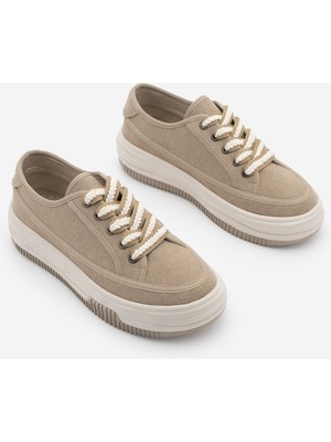Marjin Kadın Sneaker Yüksek Taban Bağcıklı Bez Spor Ayakkabı Kotnel Camel Süet