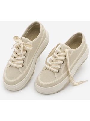 Marjin Kadın Sneaker Yüksek Taban Bağcıklı Bez Spor Ayakkabı Kotnel Bej Süet