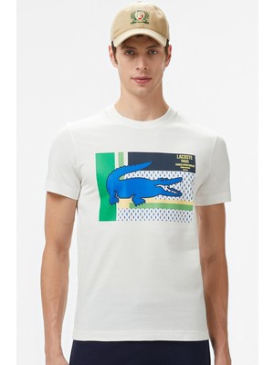 Lacoste Men's Regular Fit Crew Neck Graphic T-Shirt Light White Bisiklet Yaka Erkek Tişört Açık Beyaz