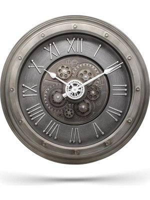 Leaf Shop Serisi Antik Eskitme Kadranlı Döner Çarklı Ev ve Ofis Duvar Saati Kabartma Roma Rakamlı 40 cm Gri