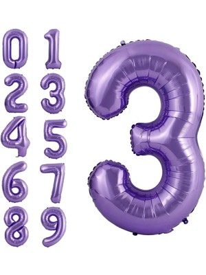 Parti Station 3 Yaş Mor Renk Rakam Folyo Balon 3 Üç Rakam Mor Renk Helyum Uçan Folyo Balon 76 cm Rakam Balon