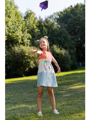 SheShe Kısa Kollu Kareli ve Çiçek Kız Çocuk Elbise