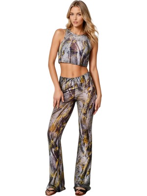 Neptune Marbling Altın Dal Ispanyol Paça Pantolon