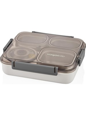 Leaf Shop Bento 1200ML Lunchbox Tek Katlı 4 Bölmeli ve Kaseli Çelik Sefer Tası Yemek Kutusu (Gri)