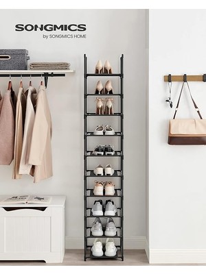 Leaf Shop 10 Katlı Ayakkabı Rafı, Ayakkabı Standı, Yerden Tasarruf Sağlayan Ayakkabı Saklama, 33 x 33 x 173 Cm, Metal Çerçeve, Dokuma Olmayan Kumaş Raflar, Koridor, Yatak Odası, Siyah LSR110B02