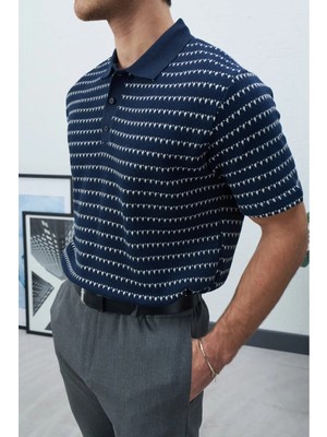 Erkek Desenli Triko Polo Yaka Pamuklu Yazlık Slim Fit Tişört