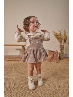 Minipodyum Gömlekli Nakış Detaylı  Bayramlık Kız Bebek Salopet Elbise