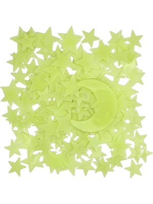 Leaf Shop Sticker Karanlıkta Parlayan Fosforlu Ay ve Yıldız Tasarımlı Dekoratif (50 Adet Yıldız)