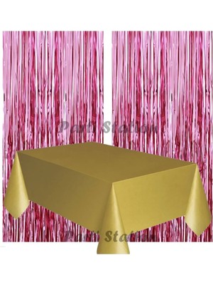 Parti Station 2 Adet Pembe Renk Metalize Arka Fon Perdesi ve 1 Adet Plastik Altın Gold Renk Masa Örtüsü Set