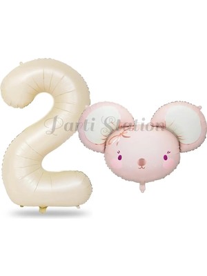 Parti Station Pink Mouse 2 Yaş Balon Set Sevimli Pembe Fare Konsept Balon ve Rengarenk Rakam Balon Hamster Balon