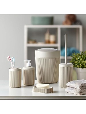 Leaf Shop Banyo Seti, Çöp Kovası, Sıvı Sabunluk, Diş Fırçalık, Sabunluk ve Tuvalet Fırçası, 5 Parça (Krem)